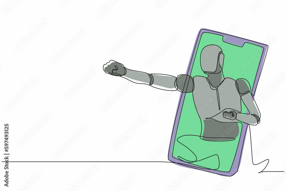 Poster single one line drawing robot come out from cellular phone with fist punch pose. future technology d