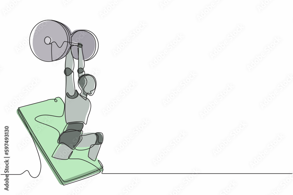 Poster continuous one line drawing robots come out from cellular phone with weightlifter pose. humanoid rob