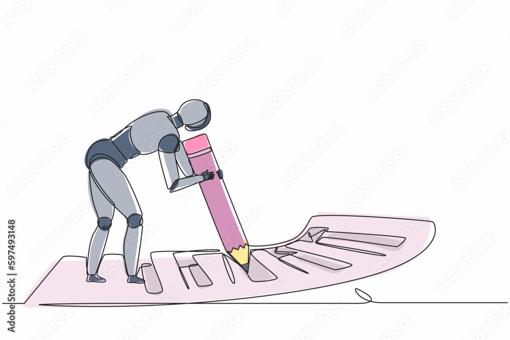Poster continuous one line drawing robots standing near big checklist and fills out questionnaire with penc