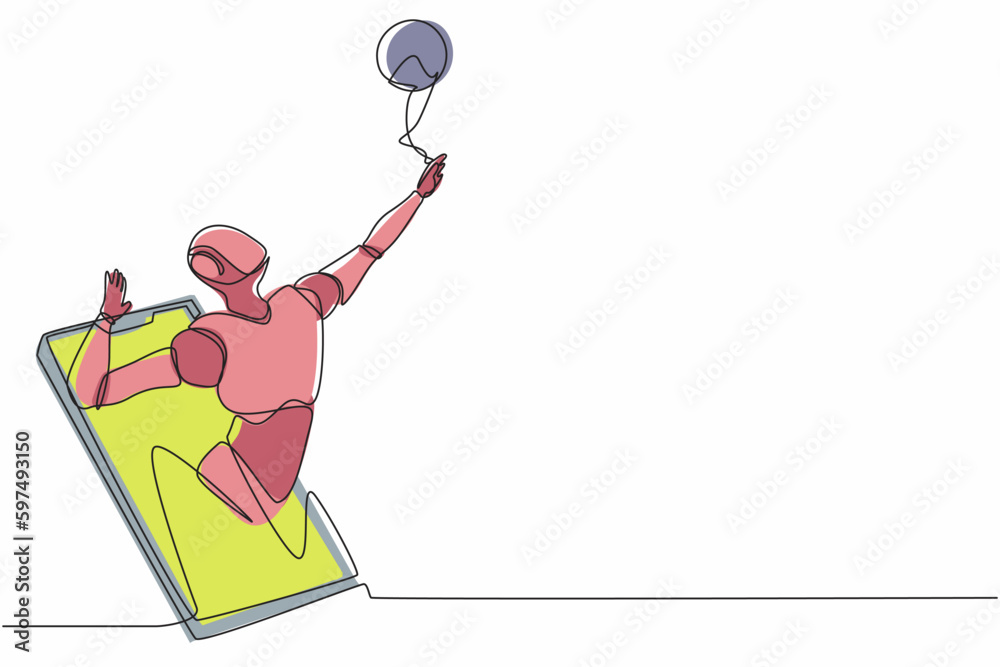 Poster single one line drawing robot come out from cellular phone and doing smash volleyball. future techno