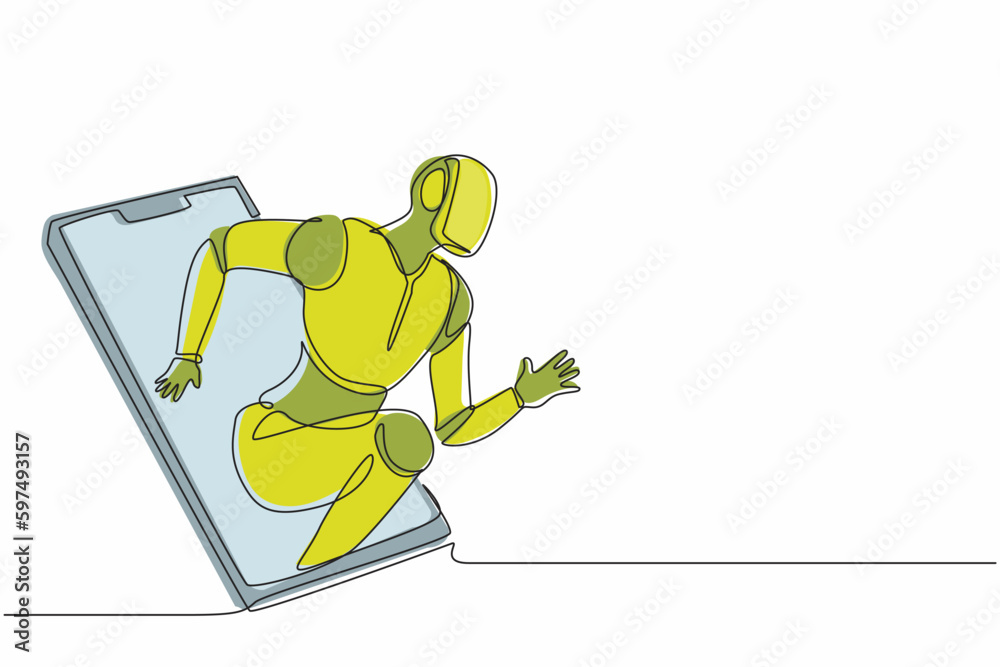 Poster single continuous line drawing robots come out from cellular phone with runner pose. modern robotics