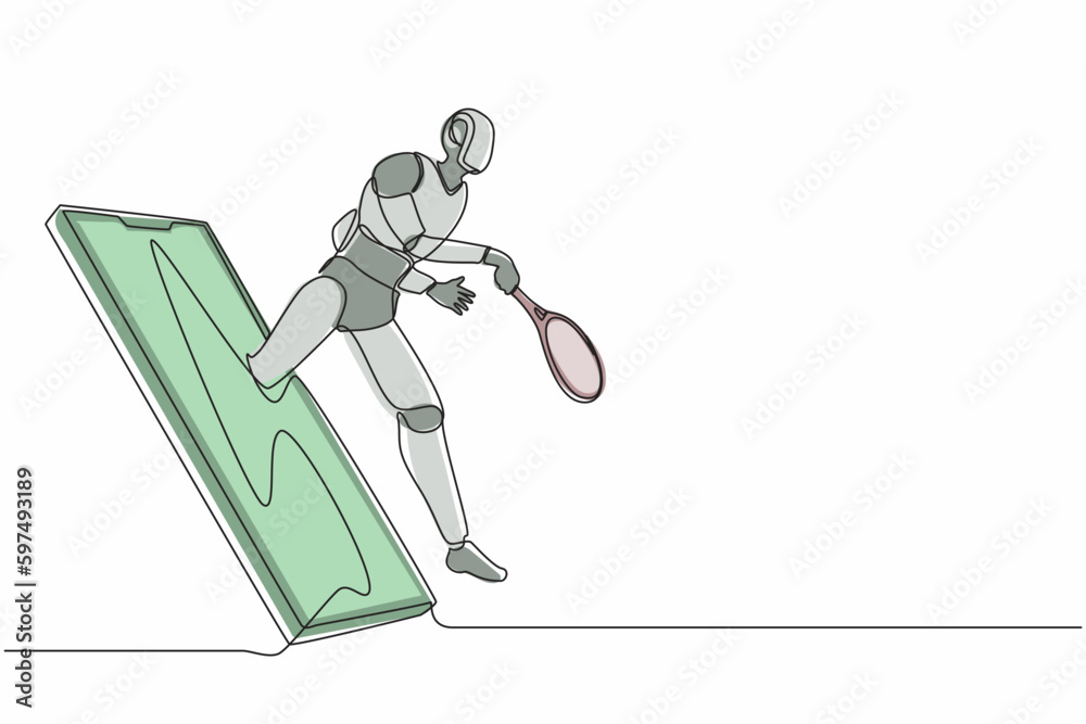 Poster single continuous line drawing robot come out from cellular phone and doing jump smash with badminto