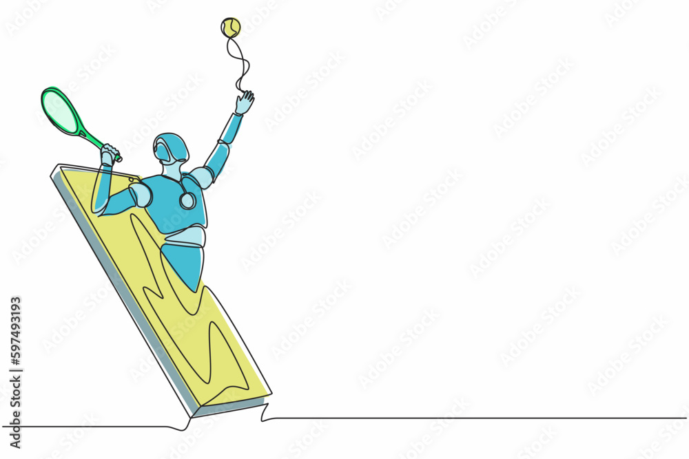 Poster single one line drawing robot come out from cellular phone and serve tennis ball with racket. future