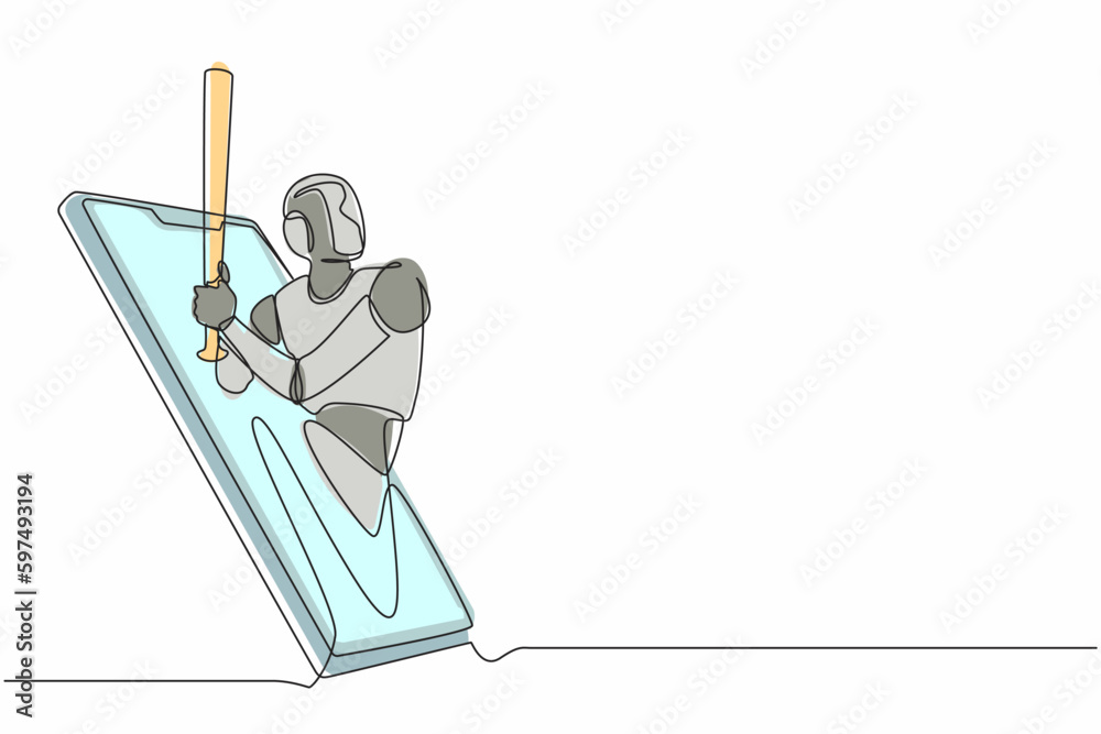 Poster continuous one line drawing robot come out from cellular phone with baseball player pose. humanoid r