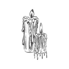 Hand drawn sketch of burning candles. Vector illustration of a vintage style. Halloween or Christmas drawing..