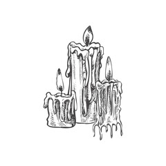 Hand drawn sketch of burning candles. Vector illustration of a vintage style. Halloween or Christmas drawing..