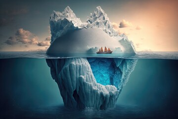 Iceberg floating in the ocean with a sailboat