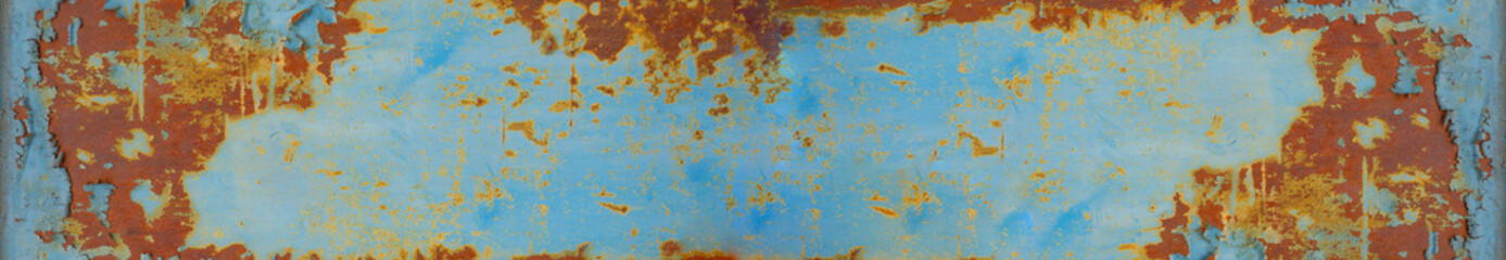 Obraz na płótnie Canvas Abstract rusty peeled off, exfoliated painted weathered old aged rust metal iron steel wall texture background banner panorama