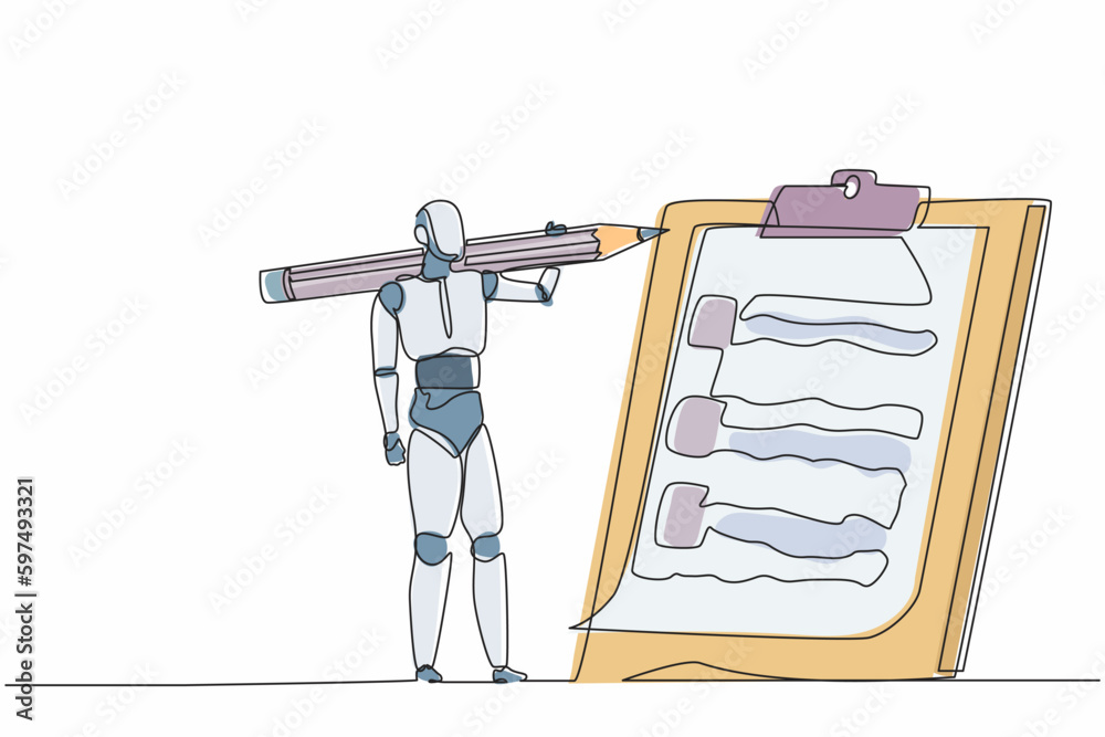 Poster single continuous line drawing robot carrying big pencil and looking clipboard. future technology de