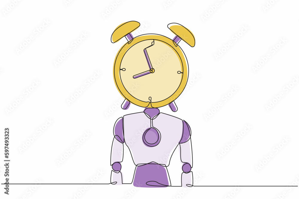 Poster continuous one line drawing robot with alarm clock instead of head. future technology development. a