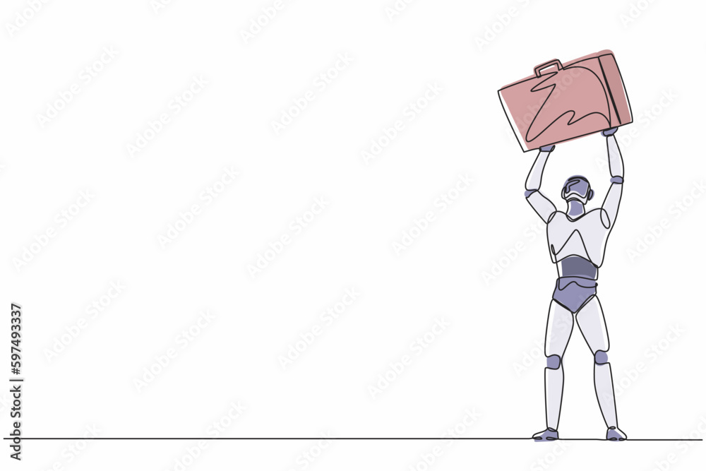 Poster single one line drawing robot standing and lifting up big briefcase. future technology development. 