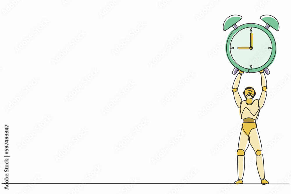 Poster single continuous line drawing robots lifting up big alarm clock. modern robotics artificial intelli