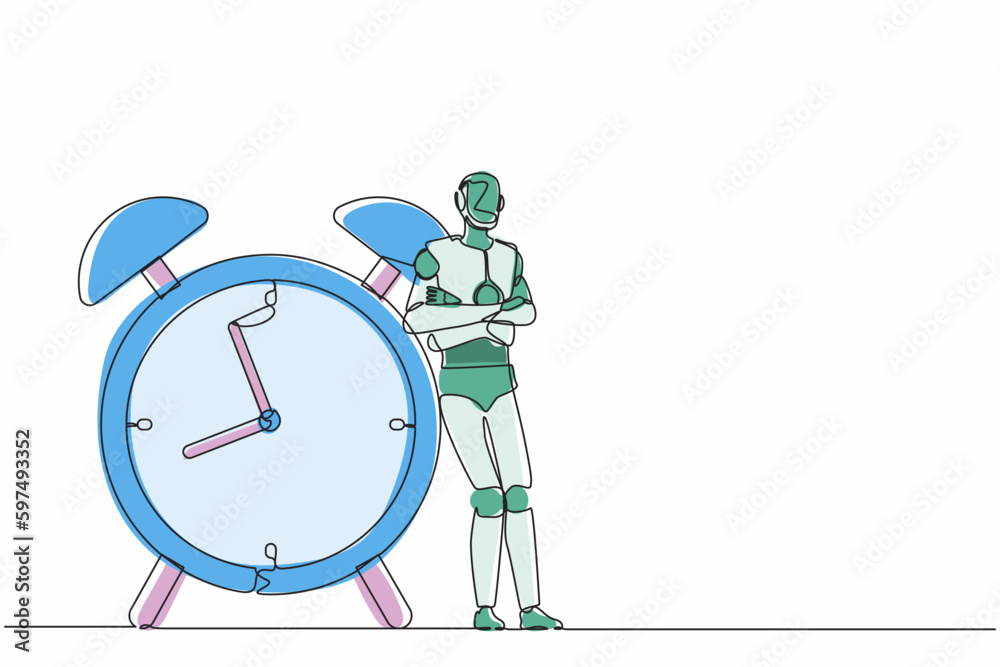 Poster single one line drawing robots lean on huge alarm clock. modern robotics artificial intelligence tec