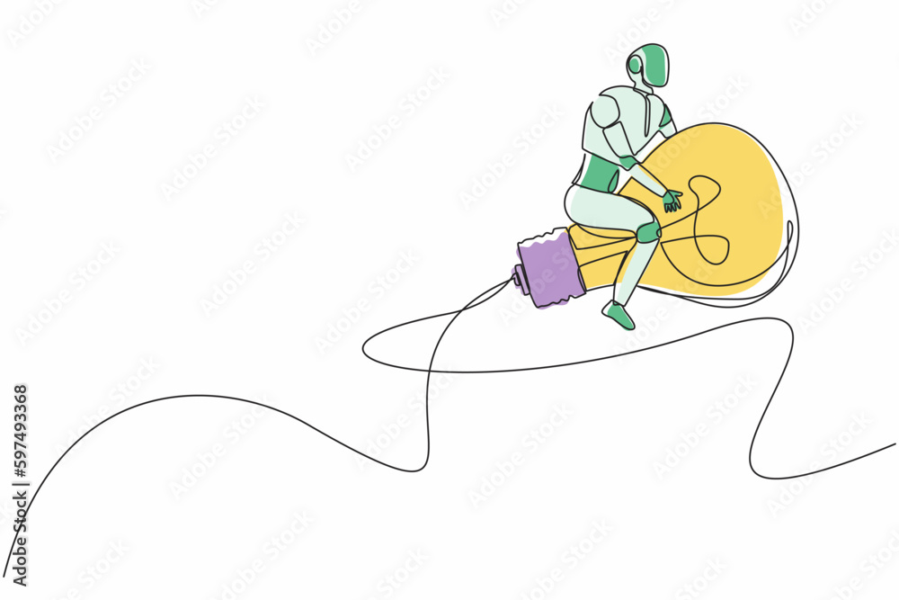 Poster continuous one line drawing robots riding light bulb rockets. modern robotics artificial intelligenc