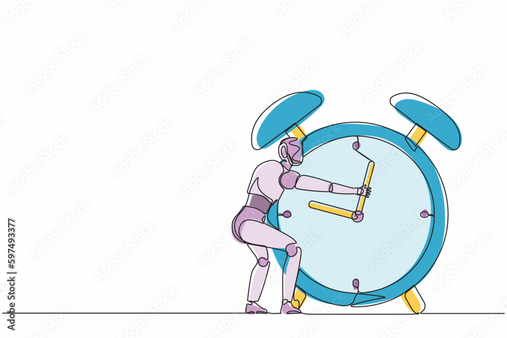 Poster continuous one line drawing robots hugging huge alarm clock. modern robotics artificial intelligence