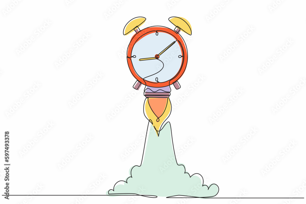 Poster single one line drawing rocket launch with big alarm clock. future technology development. artificia