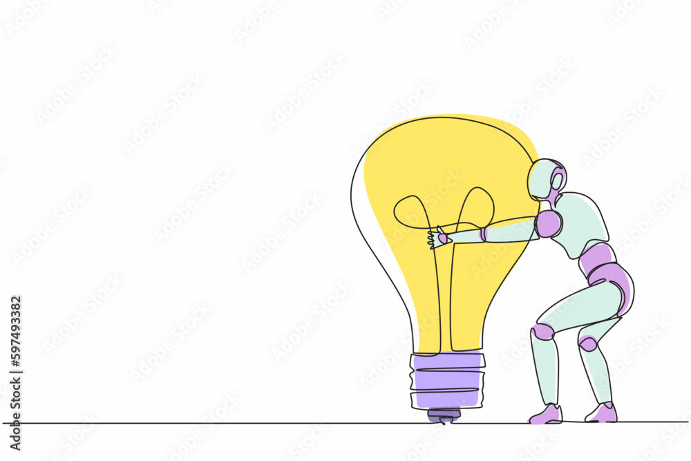 Aufkleber single continuous line drawing robots hugging huge light bulb. modern robotics artificial intelligen