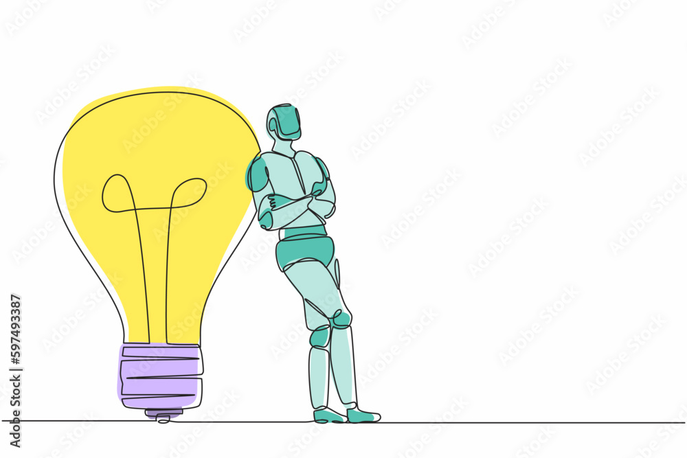Poster single one line drawing robot lean on giant light bulb. future technology development. artificial in