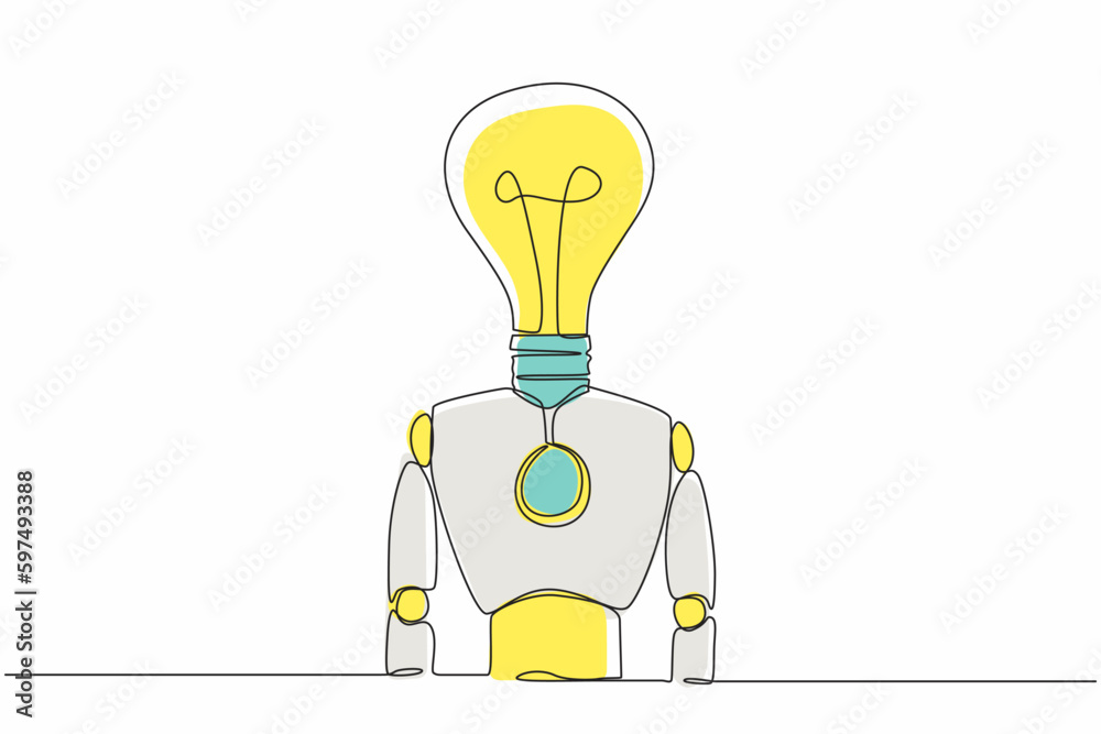 Poster single one line drawing robot with light bulb instead of head. future technology development. artifi