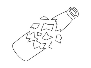 Hand drawn cute illustration of outline broken glass bottle. Flat vector fragments with sharp edges, environmental pollution design in line art doodle style. Ecology sticker, icon or print. Isolated.