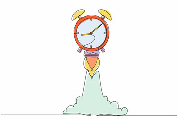 Single one line drawing rocket launch with big alarm clock. Future technology development. Artificial intelligence and machine learning process. Continuous line draw design graphic vector illustration