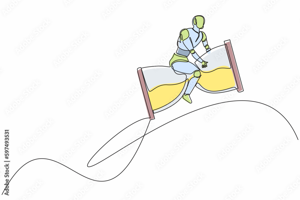 Poster continuous one line drawing robot riding and flying with hourglass rockets. humanoid robot cyberneti