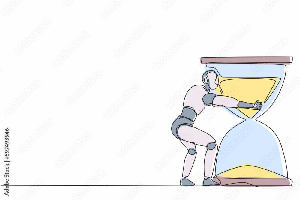 Poster single continuous line drawing robots hugging huge hourglass. modern robotics artificial intelligenc