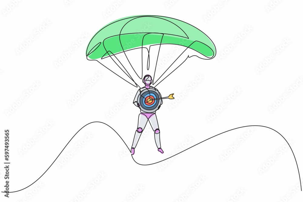 Poster continuous one line drawing robots jump with parachute and holding target. humanoid robot cybernetic
