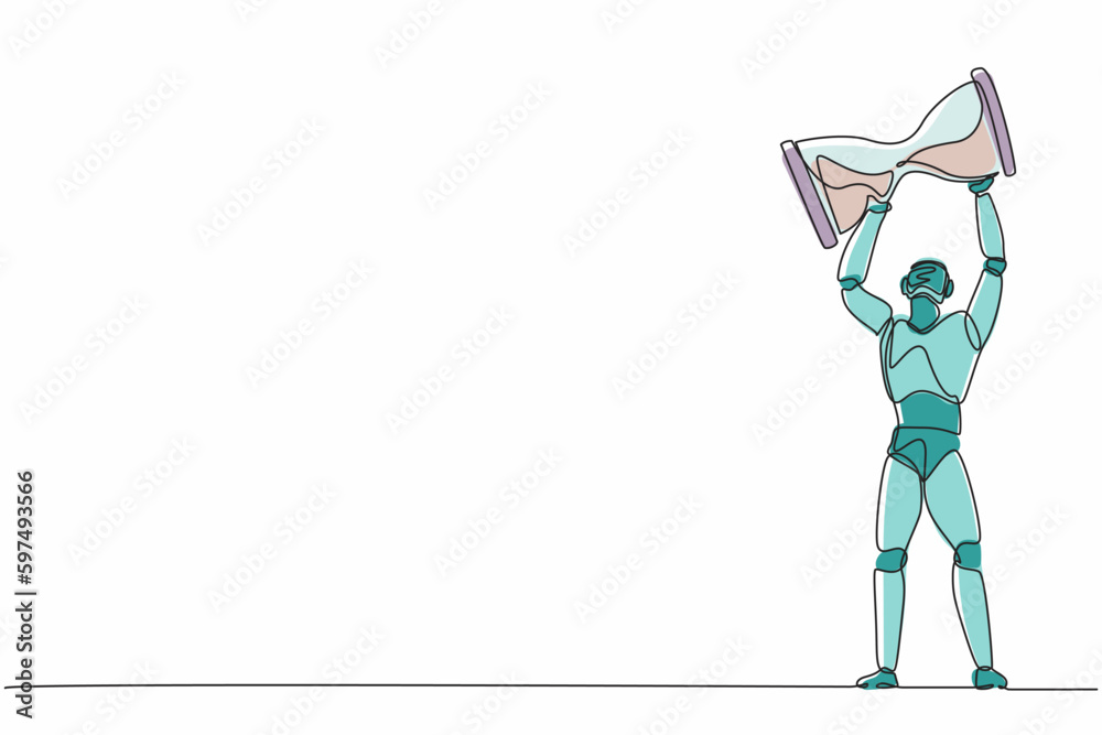 Poster single continuous line drawing robots lifting up giant hourglass. modern robotics artificial intelli