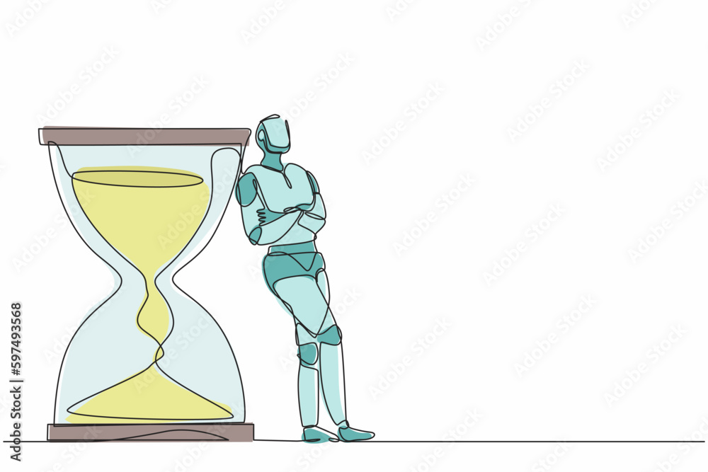 Poster single one line drawing robot lean on giant hourglass. future technology development. artificial int