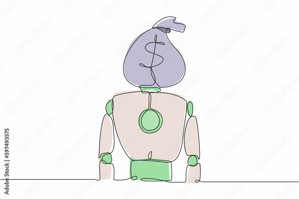 Poster single one line drawing robot with money bag instead of head. future technology development. artific