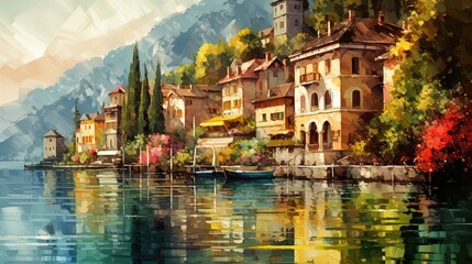 Fototapeta premium illustration of rural countryside hill village with panorama nature landscape, Generative Ai