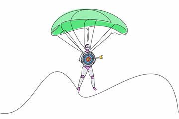 Continuous one line drawing robots jump with parachute and holding target. Humanoid robot cybernetic organism. Future robotics development concept. Single line draw design vector graphic illustration