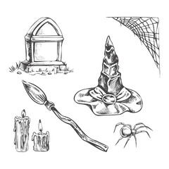 Set of halloween elements in sketch style. Hand drawn vector spider web, spider, tombstone, broom, pointed hat and candles isolated on white  background.
