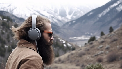 Man in headphones in the mountains in nature meditates, relaxes and takes care of mental health, AI generated