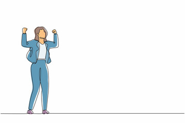 Continuous one line drawing happy businesswoman standing with raised her clenched hands. Female manager celebrating success of increasing company product sales. Single line draw design vector graphic