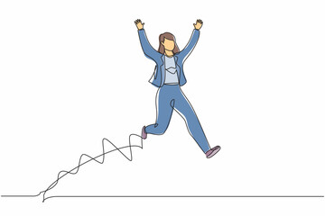 Fototapeta na wymiar Single continuous line drawing happy businesswoman jump with both hands raised. Young saleswoman celebrates salary increase and benefits from company. One line draw graphic design vector illustration