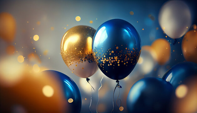 Golden and blue balloons blurry balloons background Ai generated image