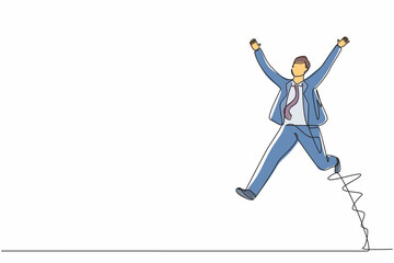 Single continuous line drawing happy businessman jump with both hands raised. Salesman celebrates salary increase and benefits from company. Dynamic one line draw graphic design vector illustration