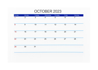 The October 2023 Calendar page for 2023 year isolated on white background, Saved clipping path.