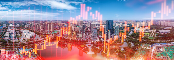 Fototapeta premium Concept of Urban Architectural Landscape and Trends in Financial Stocks, Market Securities, Real Estate, and Economic Development