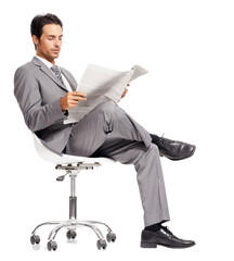 Isolated business man, reading newspaper and thinking with trading, investing and transparent png...