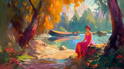 illustration of a woman sitting on river shore, Generative Ai
