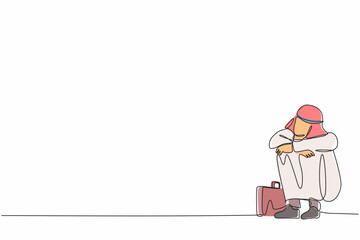 Fototapeta premium Single one line drawing depressed Arabian businessman suffer emotion sadness melancholy stress with briefcase sitting in despair on the floor. Worker sad expression. Continuous line draw design vector