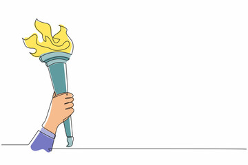 Single one line drawing hand holding golden torch with fire flame. Symbol for sport competition tournament. Flame and sports. Education and lighting. Continuous line design graphic vector illustration