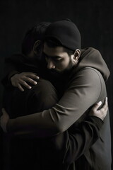 two men hugging isolated on black, illustration made with generative ai
