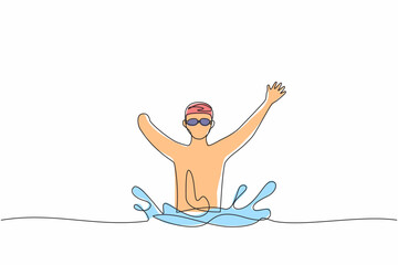 Single one line drawing swimming person with disability athlete playing in tournament games. sportsman, sport, success, championship. Continuous line draw design graphic vector illustration