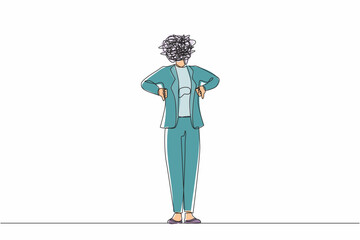 Single continuous line drawing businesswoman with round scribbles instead of head. Confused female manager standing and showing thumbs down sign. Disagreement, dislike. One line graphic design vector