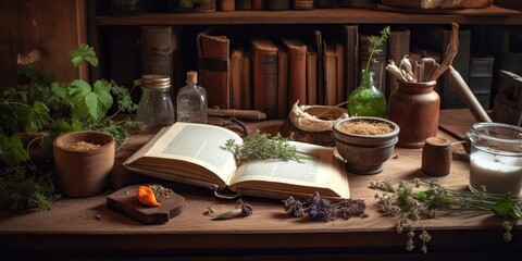 Fototapeta premium An open book of home remedies, surrounded by a variety of herbal ingredients and medicinal tools, set against a warm, concept of Natural Healing, created with Generative AI technology