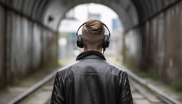 Back view of a man diger listening to music with headphones on abandoned railroad in the city, AI generated